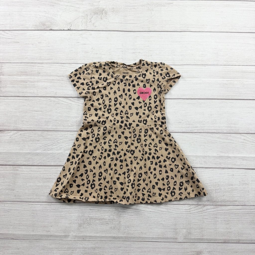 Dkny Girls Dress Tan Leopard Heart Print Pink Heart Logo Short Sleeve 4t
